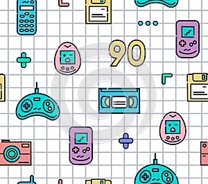 90s gadgets colorful flat line icons.Seamless pattern with joystick,videotape,cell phone, electronic games and other.
