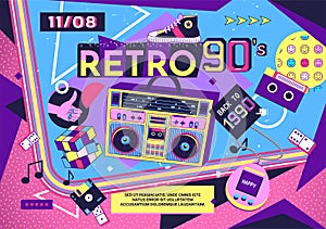 90s music background. Retro 1990s banner, vintage geek poster with 80s pop and music elements, colorful abstract art