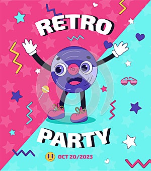 90s party. Retro vinyl recorder music character. Happy cute star poster. Vintage smile art. Kids face on invitation card