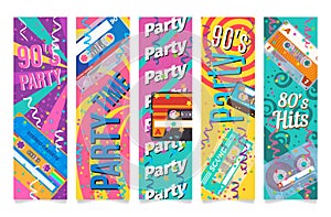 90s party time ad flyer vertical poster set vector illustration. Retro discotheque nineties music