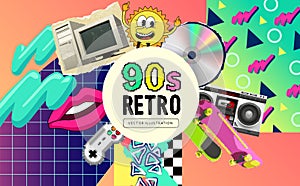 90s Retro Background With Objects And Patterns