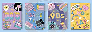 90s retro cover brochure set in flat design. Poster templates with old gamepads, music cassettes
