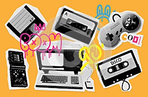 90s Retro electronics in halftone treatment. Collage elements in trendy dotted y2k style. Vector illustration with