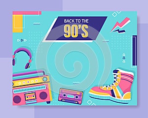 90s Retro Party Photocall Template Flat Cartoon Background Vector Illustration