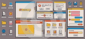 90s retro vaporwave old desktop user interface elements. Cute nostalgic computer ui, vintage aesthetic icons and windows