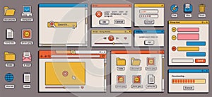 90s retro vaporwave old desktop user interface elements. Cute nostalgic computer ui, vintage aesthetic icons and windows vector