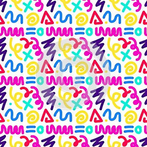 90s. Seamless pattern with neon squiggle kid on a white background.