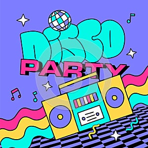 90s style Disco party banner template. Retro music poster with vintage tape cassette player and mirror ball funky
