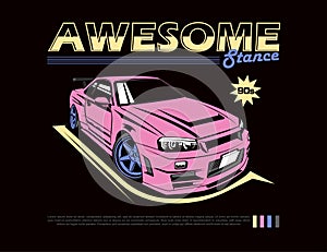 90s super car design illustration vector graphic in pink color