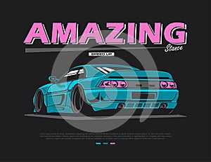 90s vibe car illustration design graphic vector in dark background along with perfect text