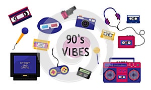 90s vibes set. Trendy 1990s elements collection. Retro technic, things, entertainment and music equipment isolated on white