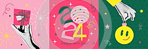 90s vintage set of Happy new year 2024 design. Hands holding New Year's toy and gift box. Colorful halftone collage