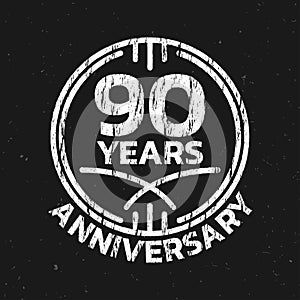 90th Anniversary logo or icon. 90 years round stamp design with grunge, rough texture. Birthday celebrating, jubilee