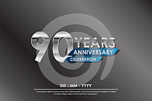 90th years anniversary celebration emblem. anniversary elegance silver logo isolated with blue ribbon, vector illustration