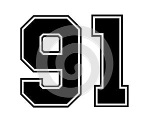 91 Classic Vintage Sport Jersey Number in black number on white background for american football, baseball or basketball