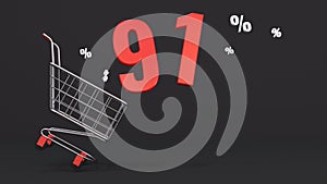 91 percent discount flying out of a shopping cart on a black background. Concept of discounts, black friday, online sales. 3d