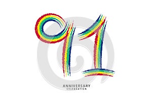 91 years anniversary celebration logotype colorful line vector, 91th birthday logo, 91 number design, anniversary template,