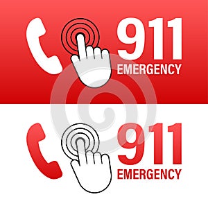 911 call in flat style. Call icon vector. Hand holding smartphone. First aid. Finger touch screen. Vector stock