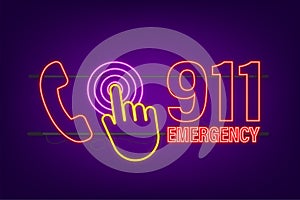 911 call in neon style. Call icon vector. Hand holding smartphone. First aid. Finger touch screen. Vector stock