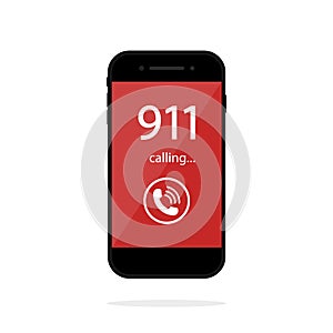 911 call in phone. Number emergency in smartphone screen. Icon of police and help. Alert about fire, accident and danger. Concept