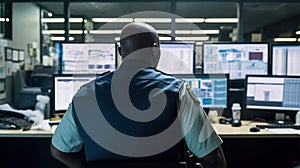 911 Emergency Response, A Police Officer at Work in a Call Center with Multiple Screens, Generative AI