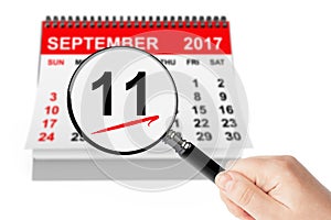 911 Never Forget Concept. 11 September 2017 Calendar with Magnifier