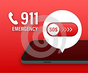 911 smartphone in flat style. Call icon vector. Hand holding smartphone. First aid. Finger touch screen. Vector stock
