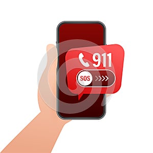 911 smartphone in flat style. Call icon vector. Hand holding smartphone. First aid. Finger touch screen. Vector stock