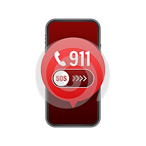 911 smartphone in flat style. Call icon vector. Hand holding smartphone. First aid. Finger touch screen. Vector stock