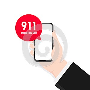 911 smartphone in flat style. First aid. Call icon vector. Hand holding smartphone. Vector illustration