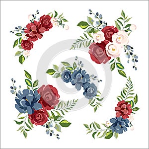912 collection, set of vector drawings, bouquets of flowers with leaves, vector illustration