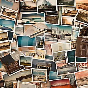 912 Vintage Postcards: A vintage and aged background featuring vintage postcards in warm and distressed tones that evoke a sense