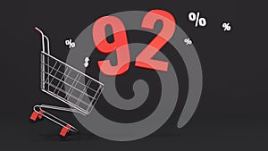 92 percent discount flying out of a shopping cart on a black background. Concept of discounts, black friday, online sales. 3d