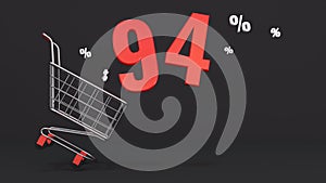 94 percent discount flying out of a shopping cart on a black background. Concept of discounts, black friday, online sales. 3d