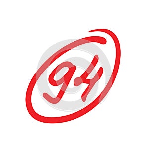 94 points exam score, ninety four points grade results, red on white background