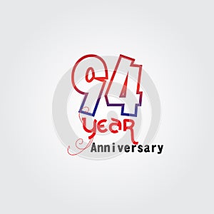 94 years anniversary celebration logotype. anniversary logo with red and blue color isolated on gray background, vector design for