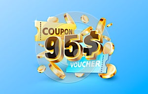 95 dollar coupon gift voucher, cash back banner special offer. Vector