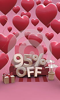 95 ninety five percent off - Valentines Day Sale 3D illustration. Vertical banner with copy space.