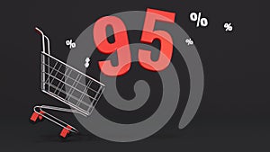 95 percent discount flying out of a shopping cart on a black background. Concept of discounts, black friday, online sales. 3d