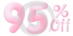 95 percent off Numbers made of chewing gum. Bubble Gum sign . Isolated on white background. Vector 3d font