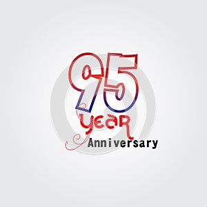 95 years anniversary celebration logotype. anniversary logo with red and blue color isolated on gray background, vector design for