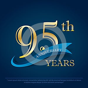 95th years anniversary celebration emblem. anniversary elegance golden logo with blue ribbon on dark blue background, vector
