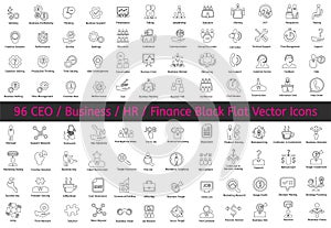 96 Ceo, HR, Business, Finance icons vector flat black line icons.