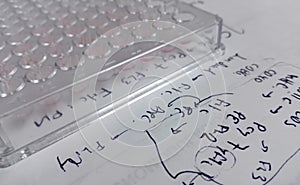 96-well plate, plastic laboratory material, on a paper sheet with research notes