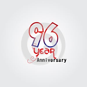 96 years anniversary celebration logotype. anniversary logo with red and blue color isolated on gray background, vector design for