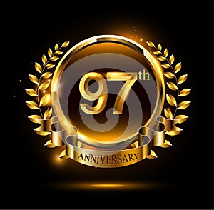 97th golden anniversary logo with ring & ribbon, luxury laurel wreath