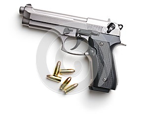 9mm pistol bullets and handgun.