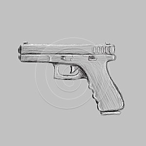 9mm semi-automatic hand drawn pistol. Modern firearm vector illustration.