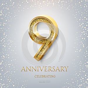 9th Anniversary Celebrating golden text and confetti on light blue background. Vector celebration 9 anniversary event
