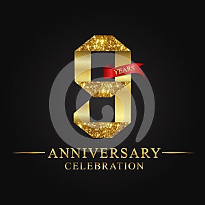 9th anniversary years celebration logotype. Logo ribbon gold number and red ribbon on black background.